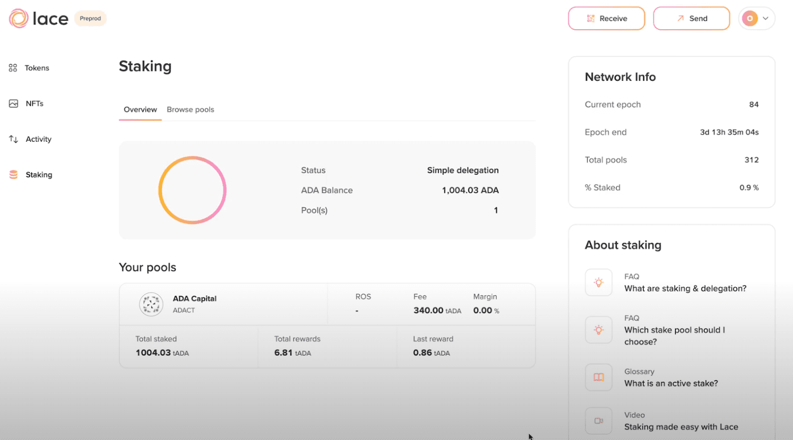 Lace wallet staking interface